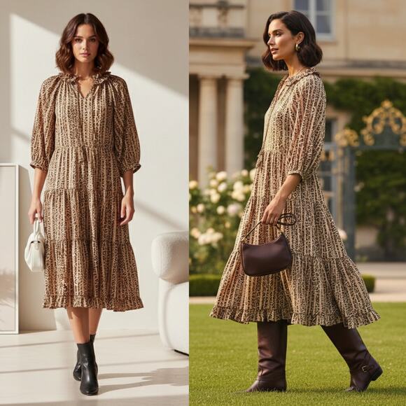 NEW Kobi Halperin Whistler Animal-Printed Midi Dress Tiered Ruffle Lined Size Lg - Picture 1 of 12